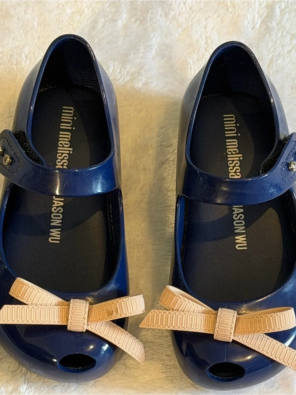 Mini Melissa Navy Mary Jane Shoes with Peach Bows